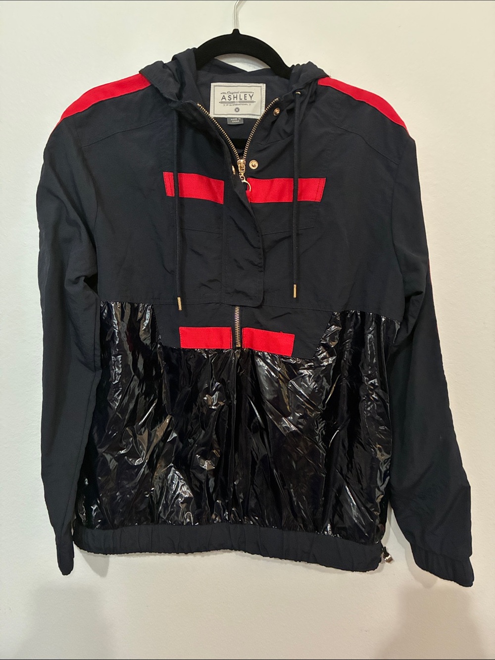 Ashley By 26 International Navy and Red Hooded Windbreaker with Glossy Panel